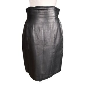 Vintage 80s Toffs Black Leather High Waisted, Back Yoke Pencil Skirt, Size 8